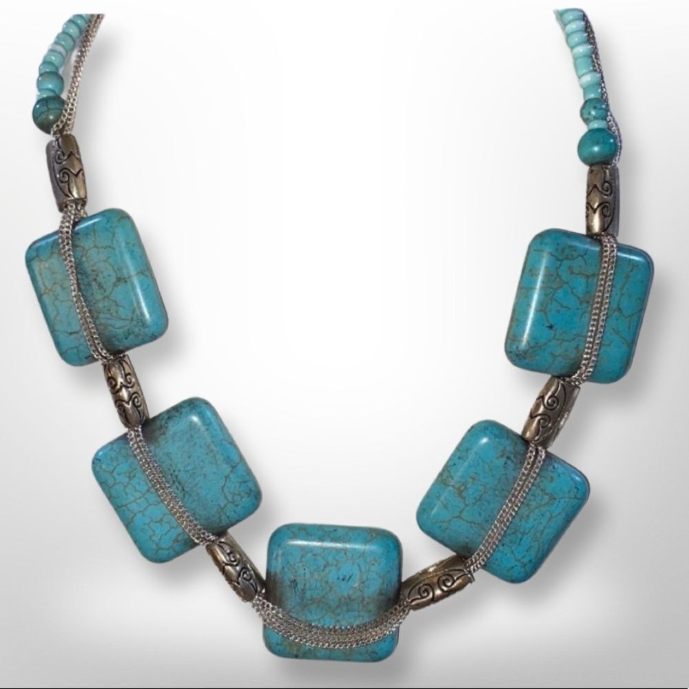 Vintage Square Chunky Turquoise Necklace set in Sterling Silver